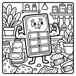 Cute chocolate bar monster flexing its muscular arms inside a bakery kitchen with wrapped candies and cookies on the counter.