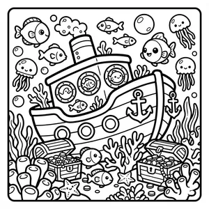 A cute sunken ship surrounded by fish.