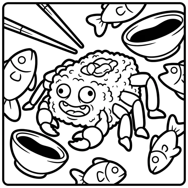 Cute sushi roll monster with crab claws and spider legs surrounded by little fish, soy sauce dipping bowls, and chopsticks.