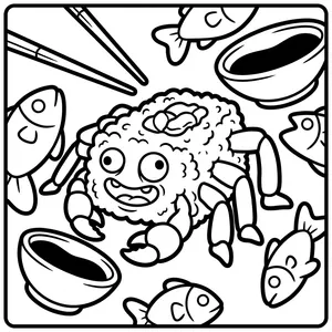 Cute sushi roll monster with crab claws and spider legs surrounded by little fish, soy sauce dipping bowls, and chopsticks.