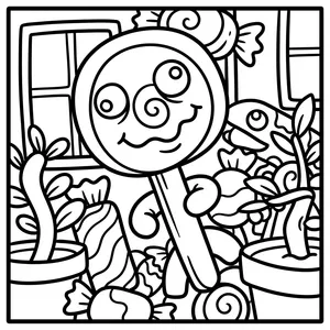 Crazy three-eyed spiral lollipop monster on a stick standing among wrapped hard candies and indoor potted plants.