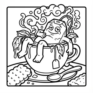 Cute relaxing tea bag monster taking a warm bath inside a giant teacup surrounded by steam swirls, mint leaves, and cookies.