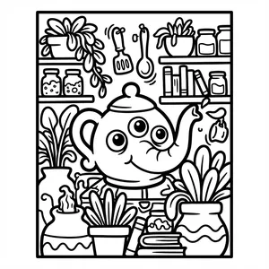 Cute three-eyed elephant-trunk teapot monster pouring tea into a floating teacup surrounded by potted plants and shelves of jars.