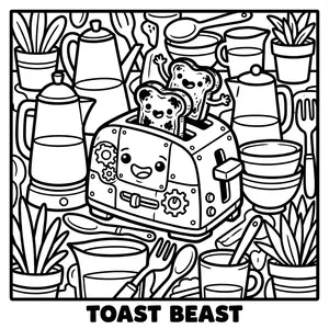 Cute steampunk toaster monster labeled TOAST BEAST with two happy pieces of bread popping out, surrounded by kitchen utensils and teapots.