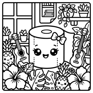 A roll of toilet paper with a face, large eyes, and a bow, surrounded by potted plants, pineapples, ukuleles, and a window sill.
