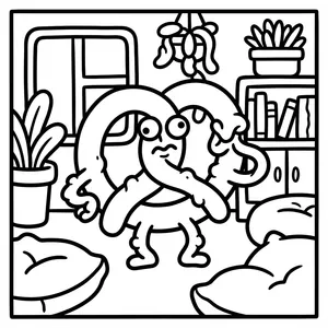 Funny twisted baked pretzel monster with big cartoon eyes standing on short legs in a cozy room with beanbag chairs.