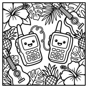 Two walkie-talkie characters with smiling screens connected by a curly wire, surrounded by tropical leaves, pineapples, and acoustic guitars.