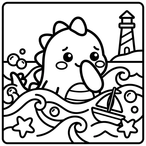 Worried dinosaur swimming in choppy waves near a lighthouse.