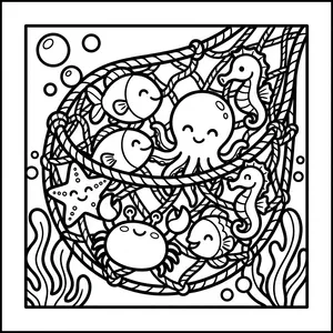 Fishing net full of sea creatures.