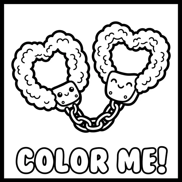Pair of fluffy, heart-shaped handcuffs with kawaii faces and a chain, with text COLOR ME!