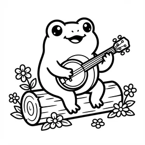 Cute happy frog sitting on a wooden log playing a banjo surrounded by wildflowers line art coloring page.