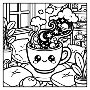Smiling teacup filled with a magical galaxy.