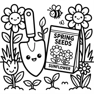 Cute smiling garden shovel trowel next to a packet of sunflower spring seeds surrounded by blooming flowers and a honeybee line art coloring page.