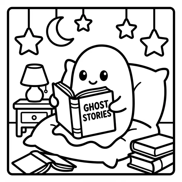 Adorable ghost reading a book in bed.