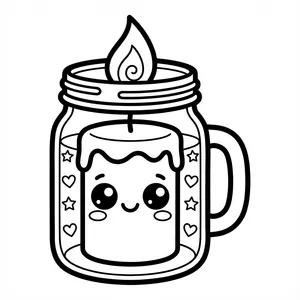 Cute smiling candle with warm flame burning inside a glass mug surrounded by hearts and stars line art coloring page.