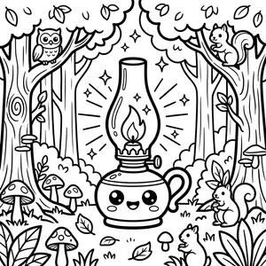 Cute glowing vintage oil kerosene lantern in a magical forest filled with squirrels, owl in a tree, and wild mushrooms line art coloring page.