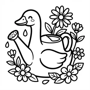 Cute goose-shaped watering can pouring water droplets surrounded by blooming garden flowers line art coloring page.