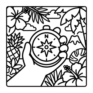 A cute cartoon hand holding a large compass pointing North, surrounded by pineapples, hibiscus flowers, and tropical leaves.