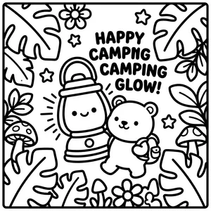A cute lantern with a face shining light rays next to a teddy bear holding a backpack, with the text "HAPPY CAMPING CAMPING GLOW!", surrounded by flowers, mushrooms, and leaves.