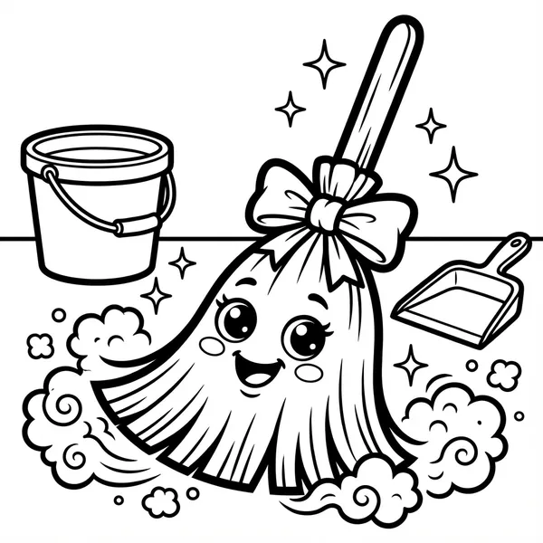 Happy broom and dustpan with sparkles.