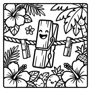 A large happy clothespin with a big smile hanging on a rope, surrounded by smaller smiling clothespins, hibiscus flowers, and tropical leaves.