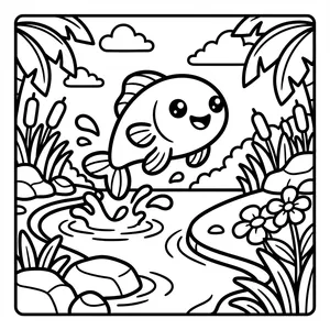 Cute cartoon fish leaping out of a pond with splashing water and ripples, surrounded by cattails, rocks, and tropical flowers in black and white.