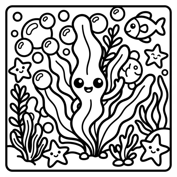 Smiling kelp seaweed plant with waving fronds, inside a rounded square frame.