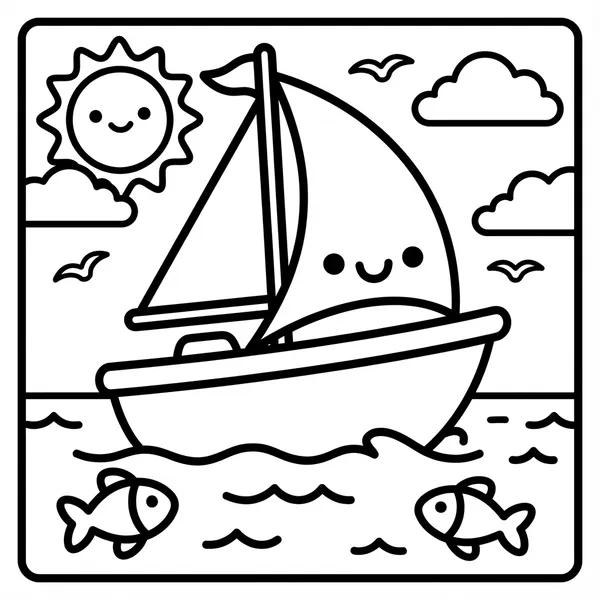 Cute sailboat on the ocean, inside a rounded square frame.
