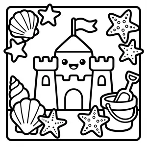 Happy Sandcastle Coloring Page Cute sandcastle on the beach.