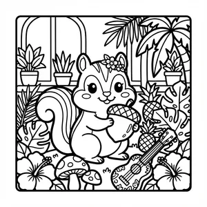 A kawaii squirrel with a large fluffy tail and a flower on its head, hugging a big acorn, surrounded by potted plants, mushrooms, and an acoustic guitar.