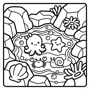 A tide pool scene with cute sea creatures.