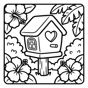 A wooden birdhouse with a heart symbol and small window mounted on a pole, surrounded by large hibiscus flowers and bushes.