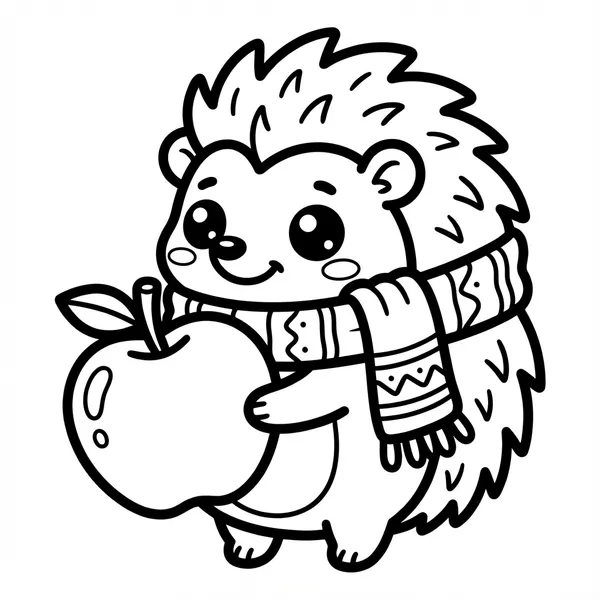 Cute smiling hedgehog wearing a cozy patterned winter scarf holding a big fresh apple line art coloring page.