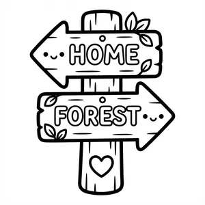 Cute wooden signpost with arrow signs reading HOME and FOREST adorned with leaves and a heart line art coloring page.