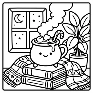 Smiling hot cocoa mug with a candy cane and marshmallows.