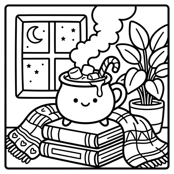Smiling hot cocoa mug with a candy cane and marshmallows.