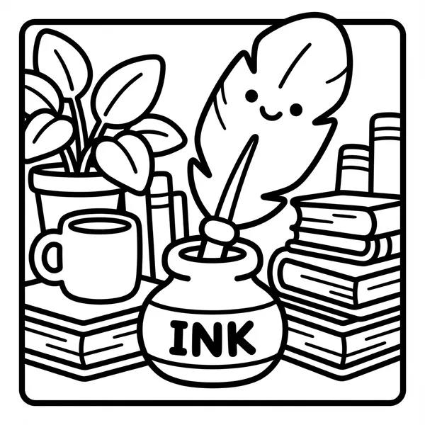 Cute ink pot and quill surrounded by books.