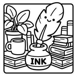 Cute ink pot and quill surrounded by books.