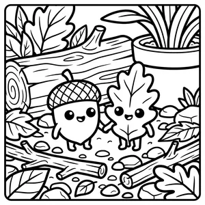 Cute acorn character and smiling oak leaf character holding hands in the woods near a fallen tree log.