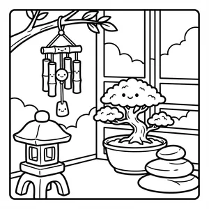 Japanese zen garden scene with a cute smiling bamboo wind chime, stone lantern, bonsai tree, and stacked rocks.