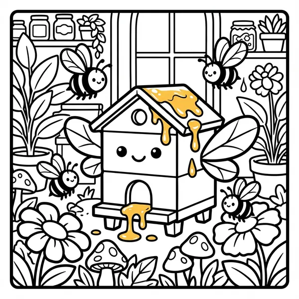 Cute wooden beehive box with dripping honey, surrounded by friendly honeybees, flowers, and mushrooms.