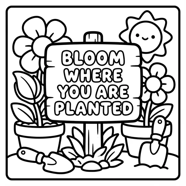 Cute wooden garden sign with text BLOOM WHERE YOU ARE PLANTED surrounded by potted flowers and garden tools.