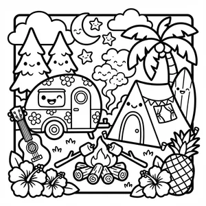 A busy kawaii night camping scene featuring a smiling camper van, a happy tent, a campfire with roasting sticks, an acoustic guitar, a surfboard, a pineapple, a smiling moon, stars, and happy clouds.