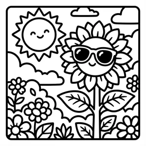 Cheerful sunflower wearing cool sunglasses smiling next to a happy sun and clouds in a garden field.