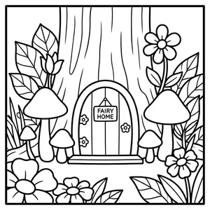Miniature wooden fairy door built into a tree trunk with a sign reading FAIRY HOME surrounded by mushrooms.