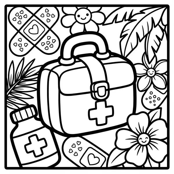 A medical bag with a cross symbol and a happy face, surrounded by smiling band-aids, a medicine bottle, and smiling flowers.