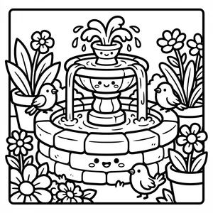 Cute stone garden fountain with smiling tier faces, splashing water, and little birds perching around it.