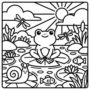 Cute smiling frog sitting on a green lily pad in a tranquil pond with swimming fish, dragonflies, and cattails.