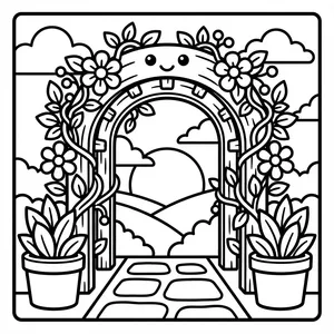 Cute smiling garden archway decorated with flowering vines along a stone path looking out toward a setting sun.