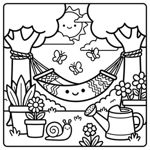 Cute pattern hammock strung between two garden trees with a little snail, watering can, and butterflies.